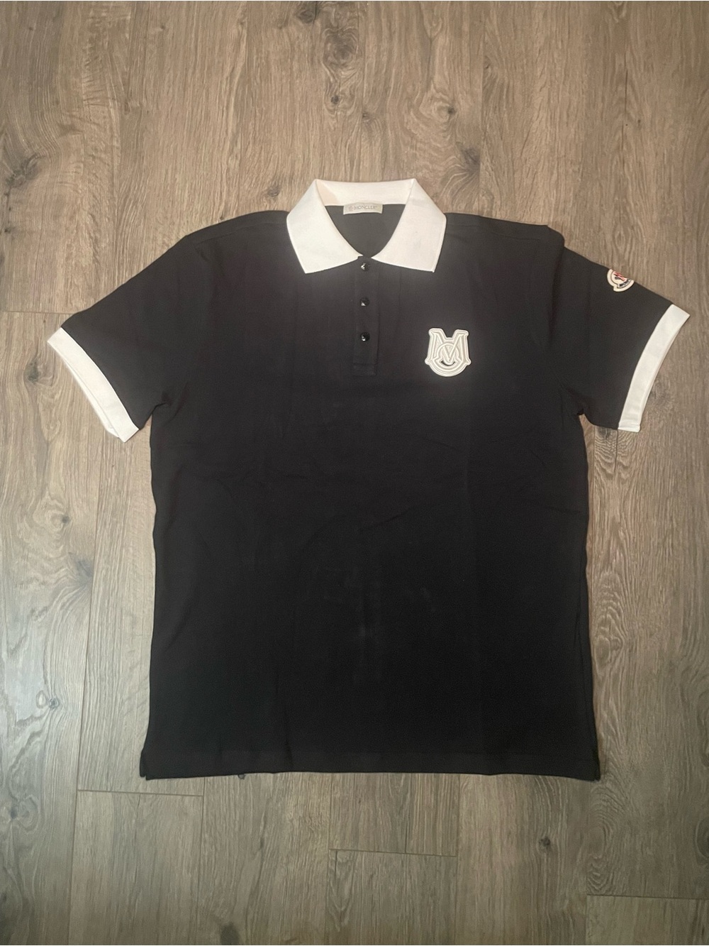 Moncler Black Short Sleeve White Collar Embroidery Polo Size Large